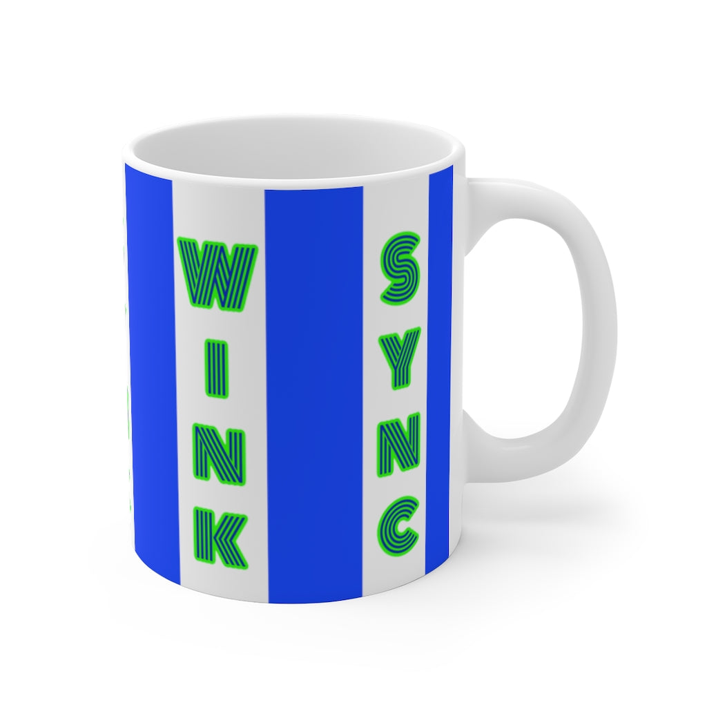 The Universe Is Always Communicating.  "Sync & Wink" - Blue / Green Stripe Mug 11oz