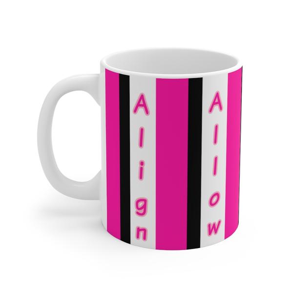 "Align, Allow, Receive, Vortex, Abundance " Coffee Mug Sale - Pink, Black & White Stripe Law Of Attraction Mug 11oz